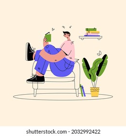 El hombre lee un libro y se sienta en una silla en casa. Carácter de moda. Ilustración de dibujos animados planos vectores para página de aterrizaje, carteles, publicidad, librería en línea