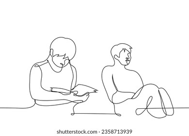 man reads a book while the man next to him is sleeping while sitting - one line art vector. concept while one person is studying, the other is sleeping