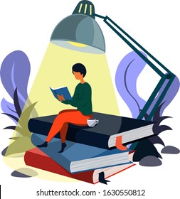 A man reads a book while sitting on piles of books under the light of a lamp. Illustration in isometric style.