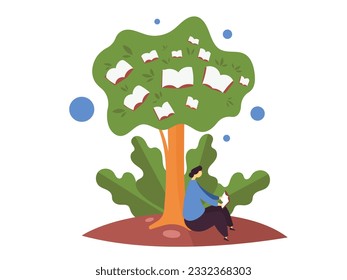 A man reads a book while sitting under a tree on which books grow like fruits. Flat vector illustration.