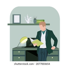 Man reads a book while standing. The man in a suit. Learning and literacy day concept. Cute vector illustration in flat cartoon style.