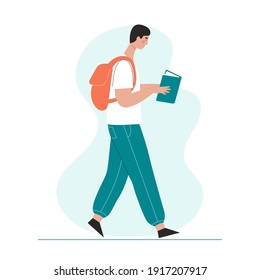A man reads a book while walking. The concept of love for books and reading, learning, exam preparation. Flat vector character.