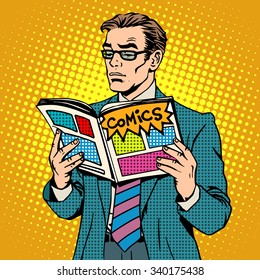 man reads comic book pop art retro style. Adult businessman with glasses opened the magazine illustrations. A man stands. The concept of reading and the comic book store