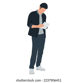 A man reads a document. He is dressed in a jacket and trousers.. Vector characters, flat illustration