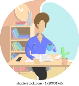 Man reads and drinks coffee or tea. Illustration flat design.
