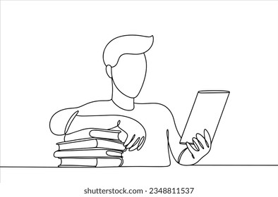A man reads an e-book, leaning on a stack of paper books. The choice to save the environment. Read an Ebook Day. One line drawing for different uses. Vector illustration.