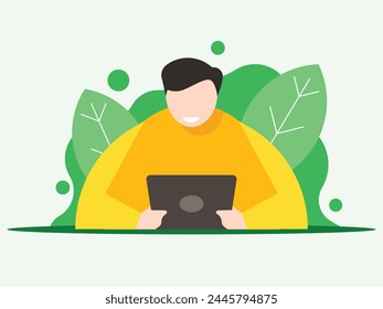 A man reads an e-book. The tablet in the hands. News online. Vector graphics