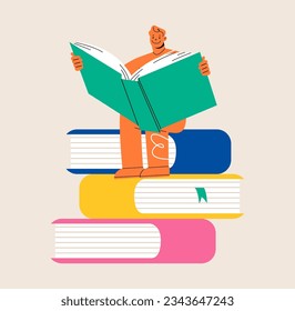 Man reads a large book, sitting on a huge pile of books. Colorful vector illustration