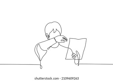 Man Reads Letter And Wipes His Tears - One Line Drawing Vector. Concept Of Reading Touching Letter, Will, Frustrated Person Reads Contract, Summons To Draft Board Or Court Decision 