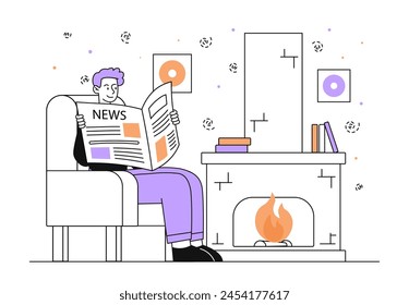 Man reads news near fireplace. Young guy with newspaper at hands sitting in cozy room. Character with information. Poster or banner. Doodle flat vector illustration isolated on white background