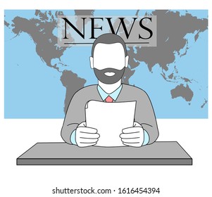 man reads the news on the news channel. on the background of the world map. world news. vector illustration.