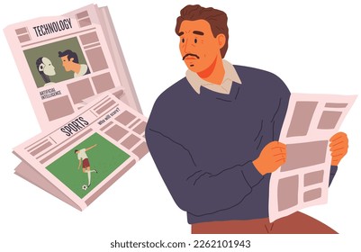 Man reads newspaper as his day routine, excited man sitting holding journal with printed information about sports and technology. Reading latest world or local news in magazine. Paper mass media