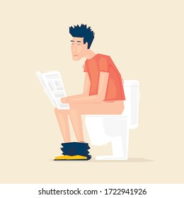 El hombre lee un periódico mientras se sienta en el baño, noticias. Ilustración plana
