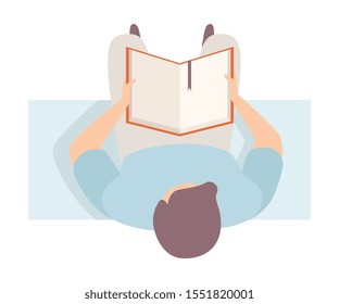 Man Reads Real Book Sitting On The Bench Flat Vector Illustration