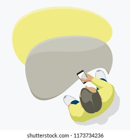 The man reads and sends messages on the smartphone. Look from above on a white background.