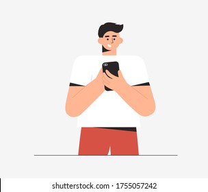 Man reads or watch positive news on the Internet in mobile phone. Flat style vector illustration.