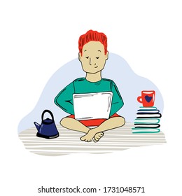 Un hombre lee y trabaja en una computadora en casa. El hombre está sentado en el suelo. Diseño de caracteres dibujados a mano, ilustración vectorial. 