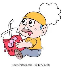un hombre listo para romper su ayuno sosteniendo el hielo en un vaso muy fresco, ilustración vectorial art. doodle imagen kawaii.