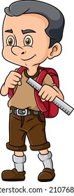 The man is ready for collage and holding the big ruler of illustration