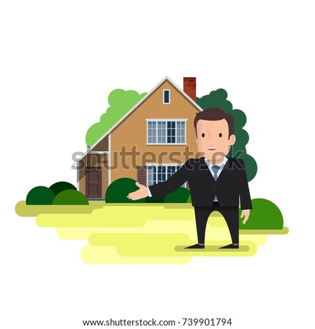 A man is a real estate agent or businessman standing on the background of a two-story house. A hand pointing at him or inviting a gesture to enter the home. Vector illustration on white background