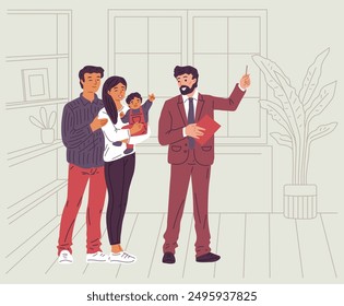 Man real estate agent shows apartment to client family. Young Asian couple with child meeting with realtor for property purchase or mortgage. Vector brokerage service on line art inside background