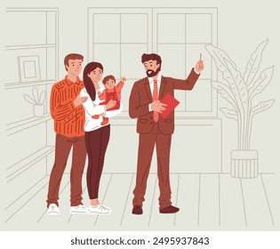 Man real estate agent shows apartment to client family. Young couple with child meeting with realtor for property purchase, rent or mortgage. Vector brokerage service on line art inside background