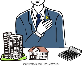 man real estate appraiser hand on his cheste hand drawing illustration, vector