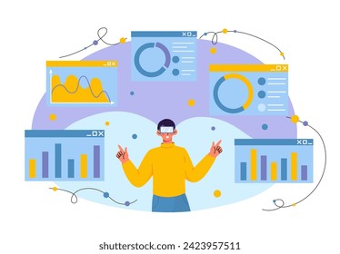 Man with reality simulation concept. Young guy in virtual reality glasses with statistics and infographics. Innovation for analysts. Cartoon flat vector illustration isolated on white background