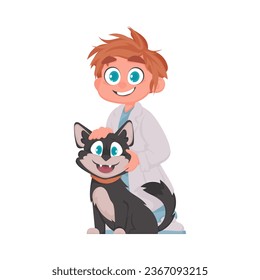 A man is really happy and enjoys looking after cute animals, like a super friendly cat. Vector Illustration.