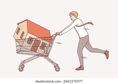 Man realtor or real estate agent runs pushing house inside supermarket cart as metaphor for property investment. Realtor guy is in hurry to make deal to buy or sell cottage to generate income