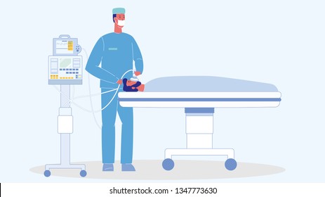 Man in Reanimation Cartoon Vector Illustration. Unconscious Patient on Bed. Medical Ventilator. Emergency Room. Surgeon In Operating Room. Doctor, Paramedic Character. Specialist in Face Mask