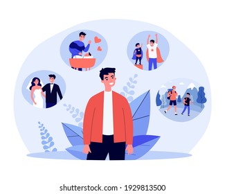 Man Recalling His Happy Life Events. Wedding, Child Raising, Fatherhood. Flat Vector Illustration. Life Memory, Family, Fatherhood Concept For Banner, Website Design Or Landing Web Page