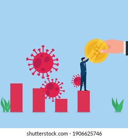 Man receive coin helper on growing chart and viruses around metaphor economic recovery. Business flat vector concept illustration.