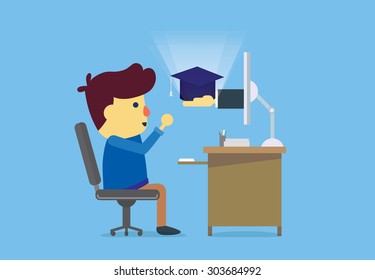 Man received graduation cap from hand sticking out of computer because he just graduated from electronic learning