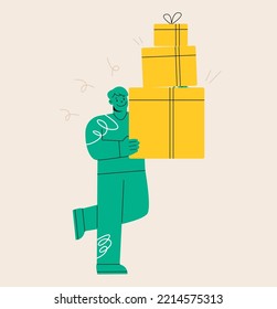 Man received present with love, holding a pile of presents in the boxes, Surprised. Colorful vector illustration 