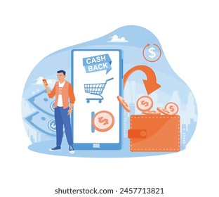 A man received a refund from an online store. The money went from his phone to his wallet. Cashback concept. Flat vector illustration.