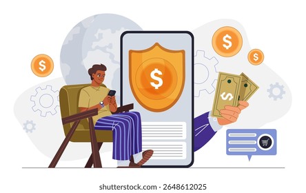 El hombre recibió el reembolso. Joven con smartphone cerca de billetes y monedas de oro. Ofertas especiales para Clientes habituales. Descuentos y promociones. comercialización de Recomendación. Ilustración vectorial plana