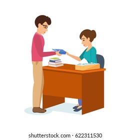 The man receives books and information material from a library employee working with the visitor's card file. Modern vector illustration isolated in cartoon style.