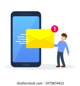 Man receives an email from the smartphone. Creative technology concept of new message notification. Simple trendy cute cartoon character vector illustration. Flat style graphic design element icon.