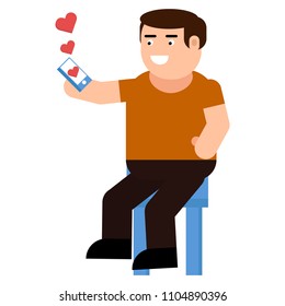 A man receives a love message icon, isolated on white background