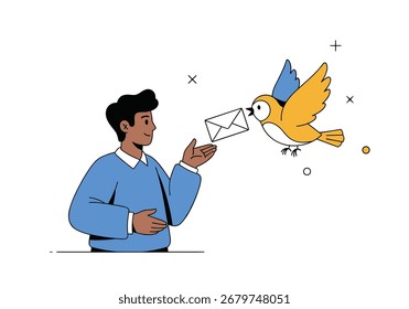 A man receives a message from a bird.