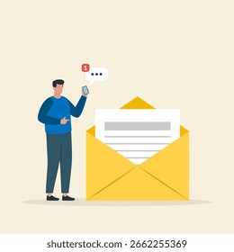 Man receives a new message on his mobile phone with an email notification. Digital communication concept. Vector illustration