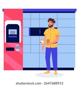 O homem recebe ou envia a encomenda no armário de encomendas. Ilustração de desenho animado plano vetorial. Homem com caixa postal perto do armário inteligente. Entrega sem contato e escolha o conceito de autoatendimento