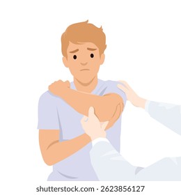 Man receives a shoulder examination from a medical professional to evaluate pain or discomfort. Flat vector illustration isolated on white background