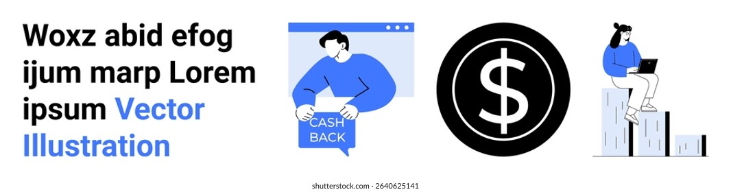 Man receiving cashback, dollar sign in black circle, person with laptop on chart bars. Ideal for financial services, e-commerce, banking, marketing, start-ups, technology, online platforms. Landing