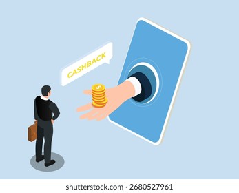 Hombre Recibiendo un Cashback de una Aplicación Móvil 3d Ilustración vectorial