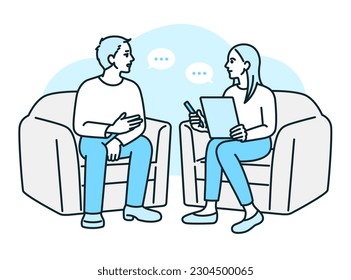 A man receiving counseling. Illustration of a businessman talking to a counselor about his anxiety.