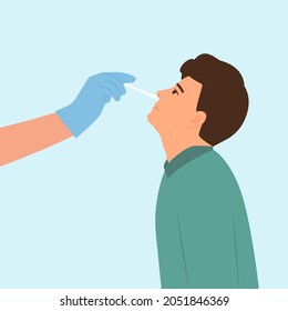 Man Receiving A Covid19 Coronavirus Or DNA Testing By Medical Staff, Doctor Or Nurse.PCR Test, Influenza Check, Nasal Swab Laboratory Test Diagnosis Of Influenza.  Flat Vector Illustration.