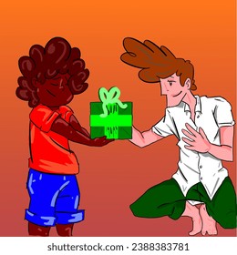 man receiving gift from child and being happy, end of year Christmas, colors green white blue brown black salmon