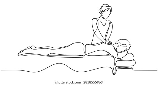 Man receiving massage on table therapist performing massage continuous one line drawing
